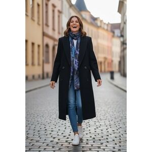 HOLLY DEB Navy Blue Double Breasted Long Wool Blend Coat with Scarf Size L